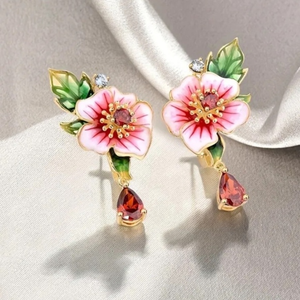 Pink And Gold Flower Drop Earrings Garnet Color Accent Statement Jewelry NWT
